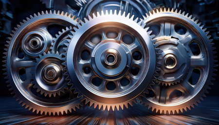 Close up view of detailed industrial gears showcasing modern design and intricate mechanics.の素材
