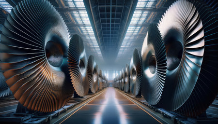 Massive turbine blades line the modern workshop, showcasing precision engineering and design.の素材