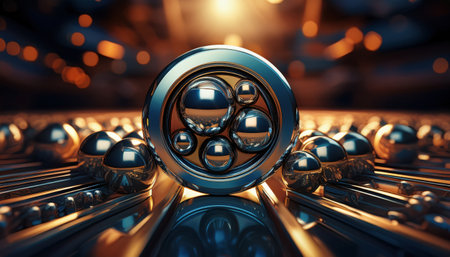 Metallic spheres on sleek surfaces reflect vibrant light and intricate details.の素材