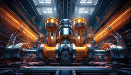 Futuristic industrial elements interconnect, demonstrating advanced mechanisms and vibrant details.の素材