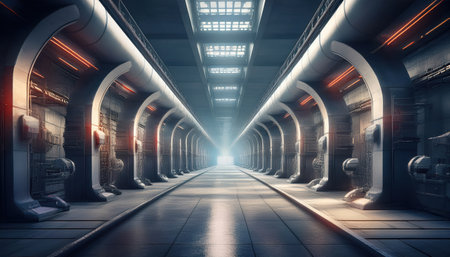 A stunning corridor showcases modern design with sleek lines, tech, and lit pathways.の素材