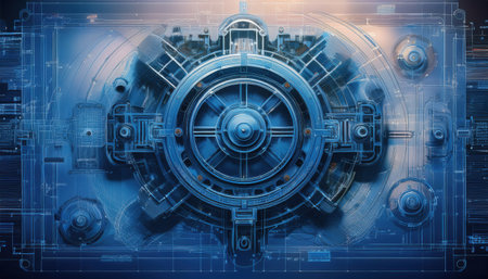 Complex machinery composed of intricate details highlighted against a contemporary blue backdropの素材