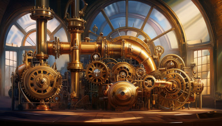 Elaborate arrangement of gears and pipes showcases contemporary industrial design details.の素材