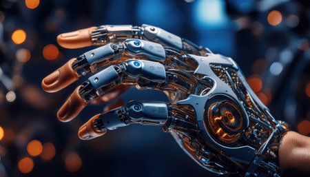 In depth look at an advanced robotic hand with complex mechanics and a futuristic design.の素材