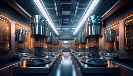 A stunning display of industrial elements with pistons in a sleek, well lit setup.の素材