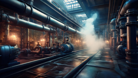 Vibrant industrial setting filled with pipes and machinery illuminated by warm, ambient light.の素材
