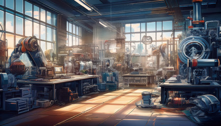 Bright sunlight fills a modern industrial workspace with intricate machinery and tools.の素材