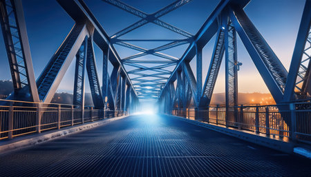 A bold industrial bridge glows blue against the dusk sky, creating a surreal atmosphere.の素材