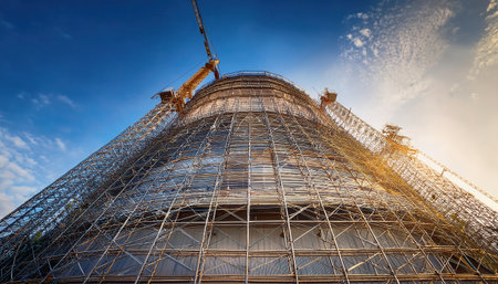 Scaffolding surrounds a towering industrial structure under a vibrant sky at dusk.の素材