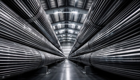Glistening pipes stretch endlessly down a modern industrial corridor, reflecting ambient light.の素材
