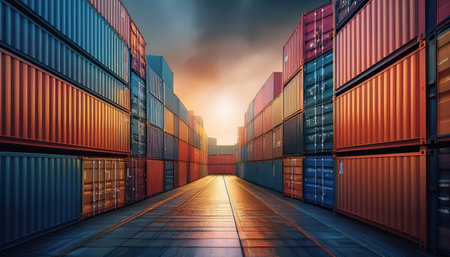 Brightly colored shipping containers stretch to the horizon as the sunset lights the city.の素材