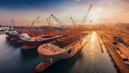 A vibrant sunset bathes a busy industrial harbor in golden light, with ships and cranes.の素材