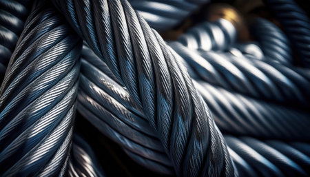 Metal cables spiral gracefully, embodying contemporary industrial art in an urban landscape.の素材