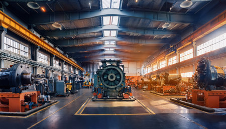 In a vast industrial space, advanced machinery is neatly arranged with modern design elements.の素材