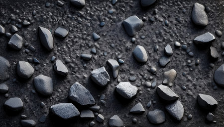 Black stones lie on a rough, modern surface, highlighting textures in an urban setting.の素材
