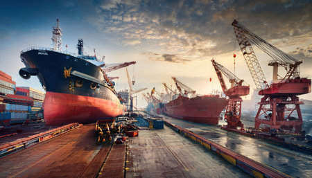 Docked ships create a vibrant view as cranes operate against a sunset backdrop in an urban port.の素材