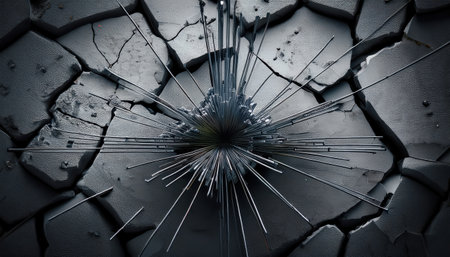 Modern materials burst through fractured surfaces, highlighting urban artistry and creativity.の素材