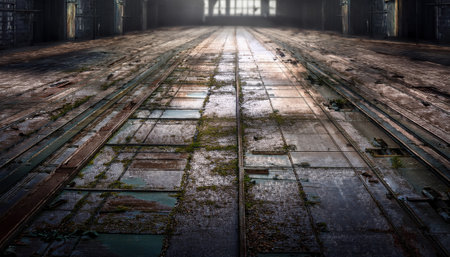 Dust settles on aged wooden floors as light streams through tall windows in a forgotten factory.の素材