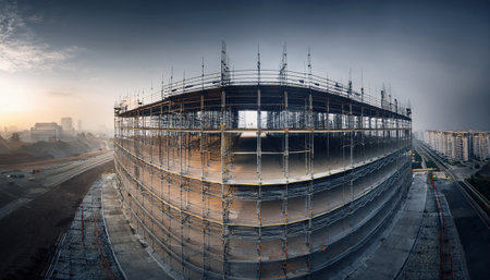 Tall scaffolding envelops a modern building under construction, highlighted by a dusky skyline.の素材