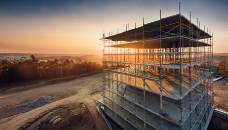 Building progress stands out against a stunning sunset, showcasing modern industrial design.の素材