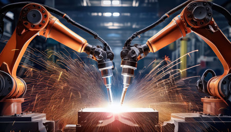 Two robotic arms weld precisely, creating bright sparks in an industrial environment.の素材