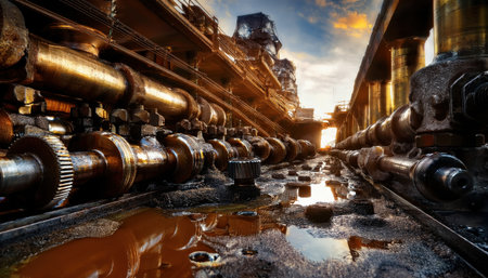 Glistening pipes and machinery reflect the suns warm glow amid an industrial setting at dusk.の素材