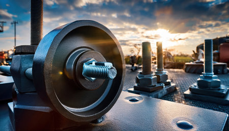 Dramatic sunset casts golden light on industrial hardware, showcasing detailed machinery elements.の素材