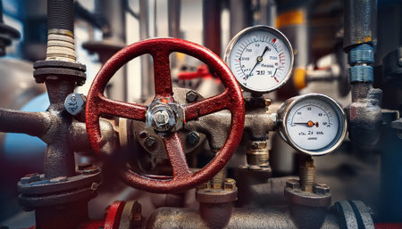 Close up view highlights the complexity and precision of industrial controls and gauges in action.の素材