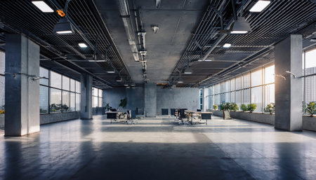Urban space with an open industrial design, sleek furniture, large windows, and greenery.の素材