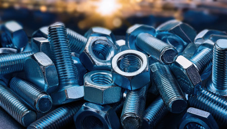 A striking display of blue metallic bolts and nuts showcases modern industrial design.の素材