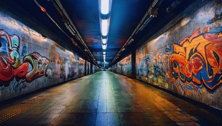 An empty industrial tunnel with colorful graffiti and bright lights.の素材
