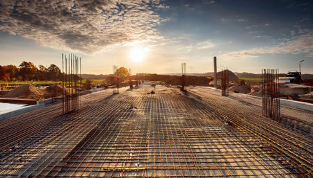 Golden sunlight brightens an industrial site, accentuating steel and concrete features.の素材