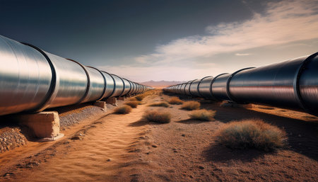 Metallic pipelines stretch through a sunny desert under bright blue skies.の素材