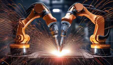 Advanced robotic arms spark excitement while welding steel parts together in an industrial setting.の素材