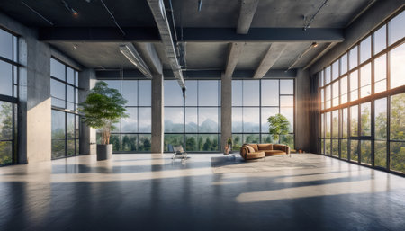 Bright modern interior features an open layout and large windows showcasing vibrant landscapes.の素材