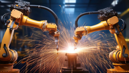Robotic tech displays a complex welding process, creating bright sparks in a factory.の素材