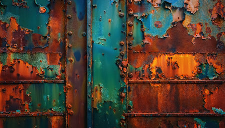 Layers of peeling paint and rust reveal vibrant colors on an industrial surface, showcasing decay.の素材