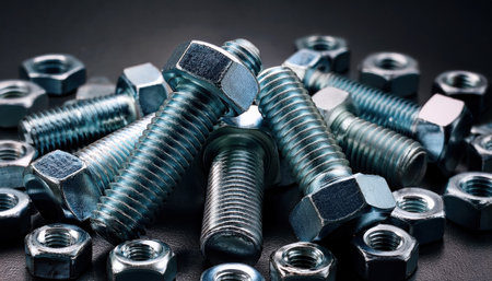 Various metallic bolts and nuts lie casually on a sleek surface under low lighting.の素材