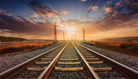 Railway tracks extend to the horizon, set against an industrial backdrop at sunset.の素材