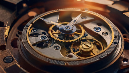 Delicate components of mechanical gears fuse artistry and engineering amidst the urban backdrop.の素材