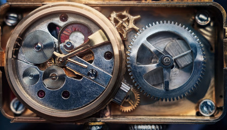 Close up view of a vintage clock mechanism showcases its mechanical precision and artistry.の素材