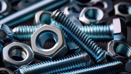 Close up view of various metallic fasteners showcasing modern design elements and textures.の素材