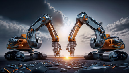 Advanced robotic arms work together at dusk in a modern industrial setting, shaping the future.の素材