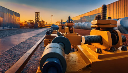 Bright machines contrast with sleek buildings as sunset casts a warm glow over the city.の素材