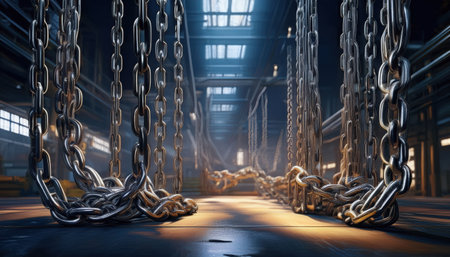 Metallic chains dangle in the spacious warehouse, illuminated by beams of light.の素材