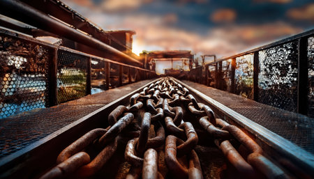Heavy chains rest on a walkway as the sun sets, painting brilliant hues over the landscape.の素材