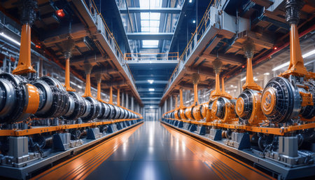 Modern industrial space boasts sleek machinery and contemporary urban architecture.の素材