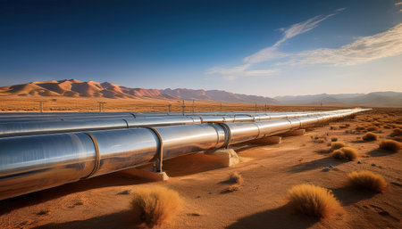 Huge metal pipelines cross a dry desert, with sunlit mountains visible in the distance.の素材