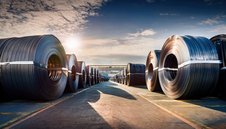 Steel coils lie neatly under a wide sky, with sunlight warming the industrial area.の素材