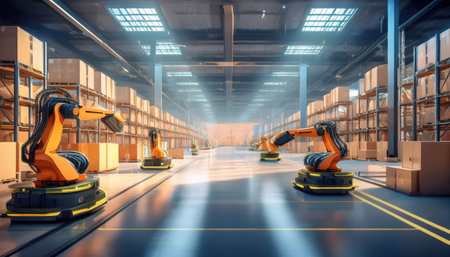 Advanced machinery fills a spacious warehouse, with robots efficiently handling tasks.の素材